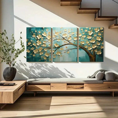 3pcs Golden Blossoms Abstract Floral Art Metal Print Ready to Hang Art