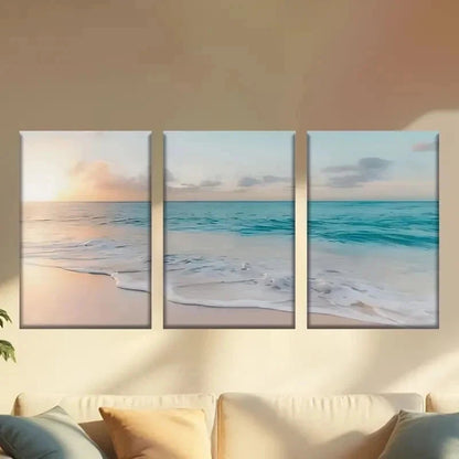 3pcs  Serene Ocean Waves & Golden Sky Wall Art Set Canvas Framed 40x60cm - High Quality Print 100% Australian Made Wall Canvas Ready to Hang