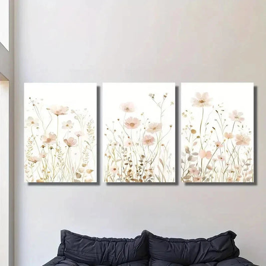 3pcs Wildflowers, Soft Pink And Golden Metal Print Ready to Hang Art