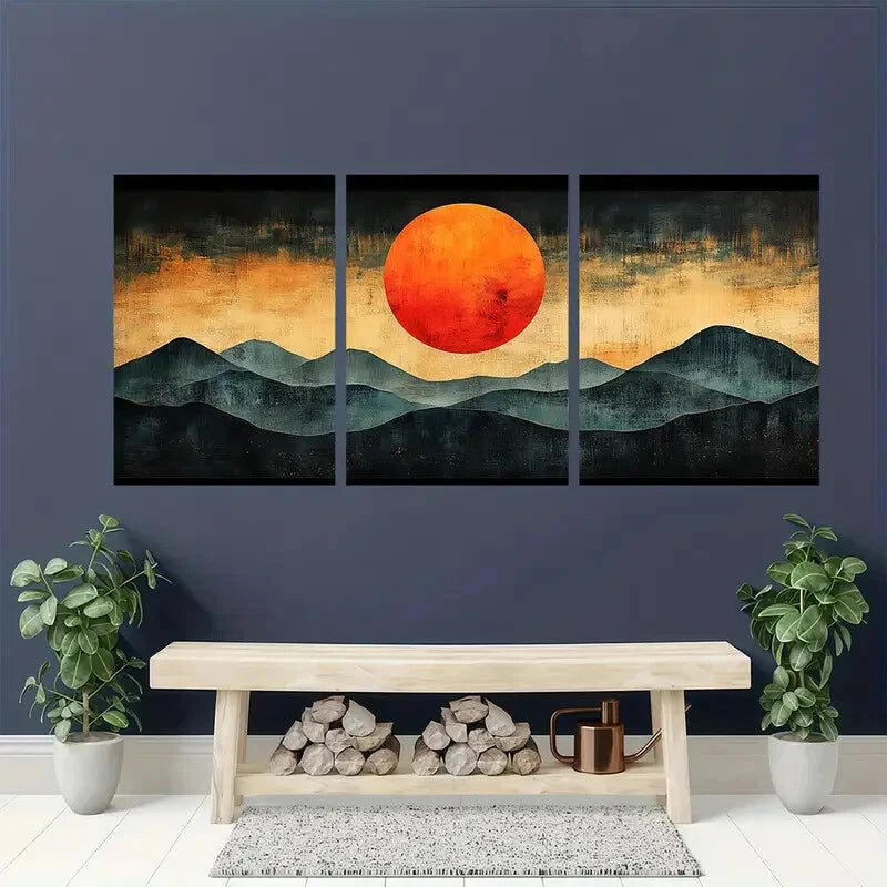 3pcs Century Orange Sun Abstract Illustrations Metal Print Ready to Hang Art