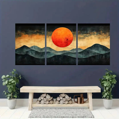 3pcs Century Orange Sun Abstract Illustrations Metal Print Ready to Hang Art