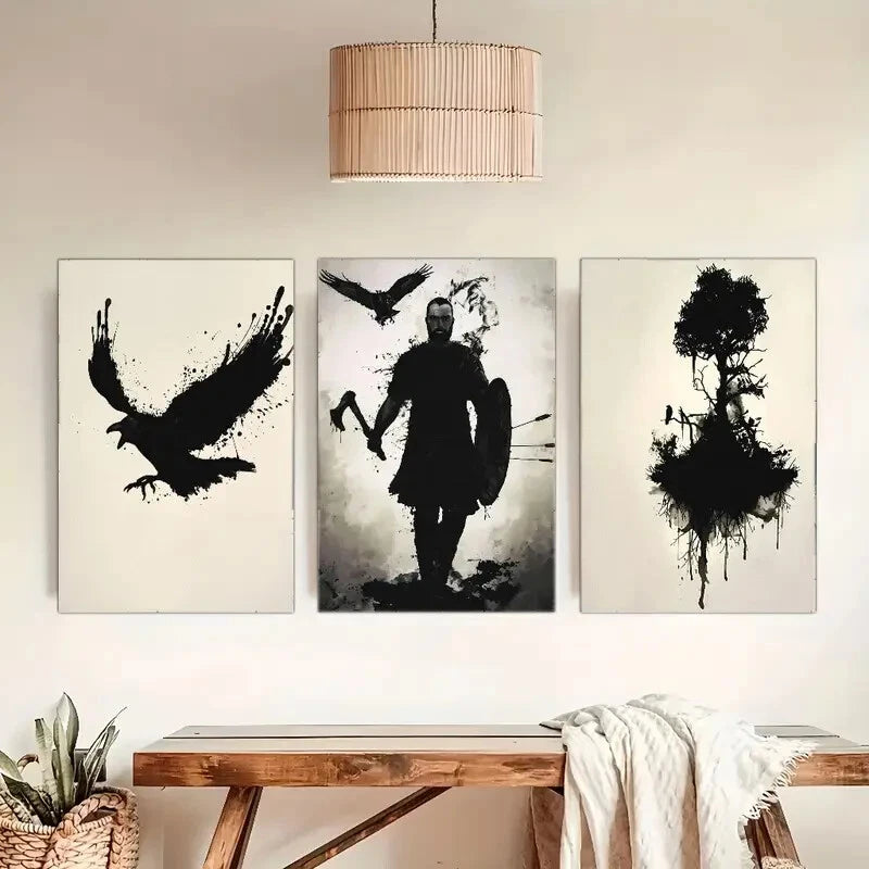 3pcs Japanese Art Samurai with Shield Crow Tree Metal Print Ready to Hang Art