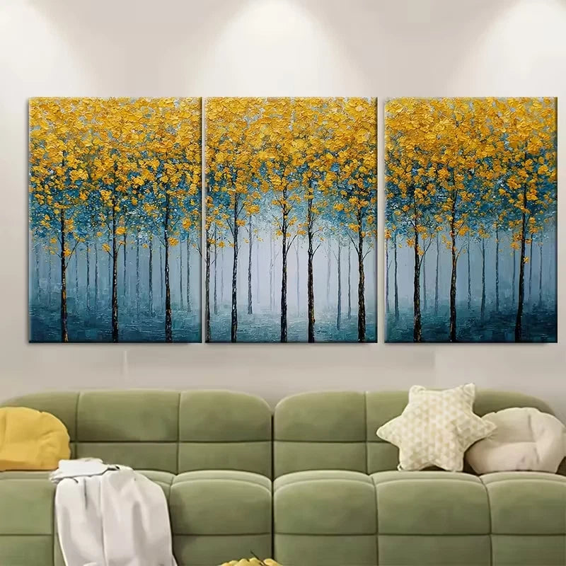3pcs Minimalist Yellow Tree Landscape Metal Print Ready to Hang Art
