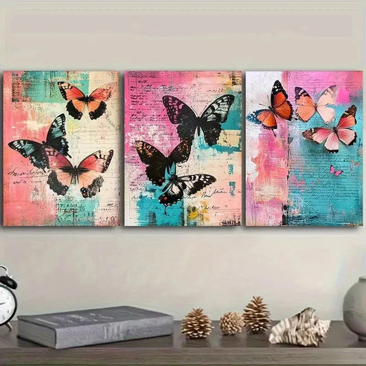 3pcs Flowers and Butterflies Metal Print Ready to Hang Art