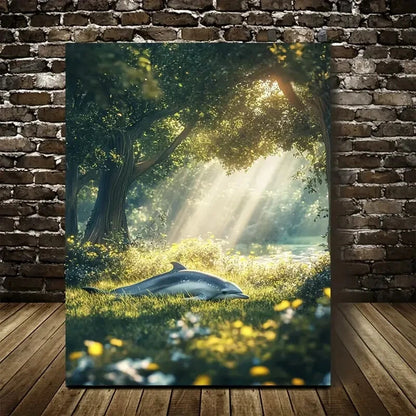 Dreamlike Dolphin Rolling on Grass in Sunlit Painting 40x60cm Metal Print Ready to Hang
