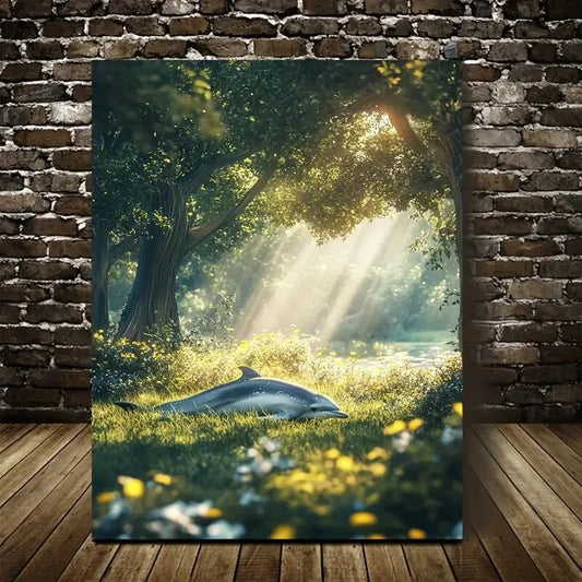 Dreamlike Dolphin Rolling on Grass in Sunlit Painting 40x60cm Metal Print Ready to Hang