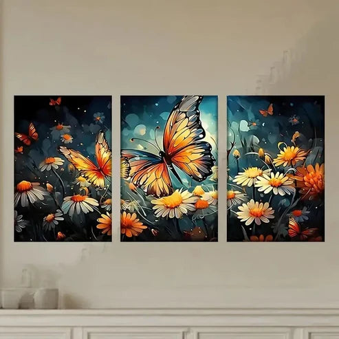 3pcs Vibrant Butterfly & Flower Wall Art Set Canvas Unframed - High Quality Print 100% Australian Made Wall Canvas