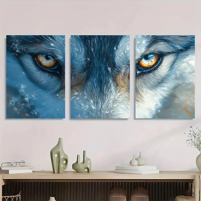 3pcs Husky Wolf Animal Theme Blue Eyes & White Metal Print Ready to Hang Art
