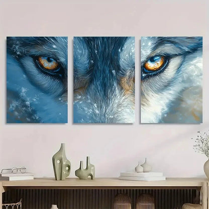 3pcs Husky Wolf Animal Theme Blue Eyes & White Metal Print Ready to Hang Art