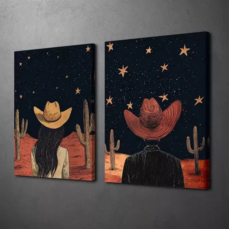 2pcs Western Cowboy & Starry Sky Canvas Framed 50x75cm - High Quality Print 100% Australian Made Wall Canvas Ready to Hang