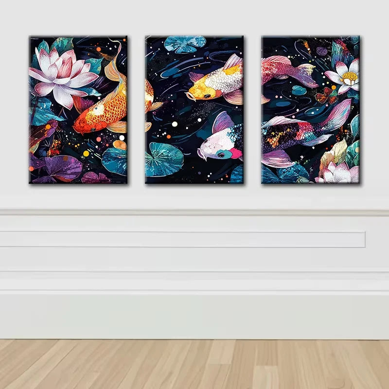3pcs Colorful koi in the Water Illustration Wall Art Set Canvas Framed 50x70cm - High Quality Print 100% Australian Made Wall Canvas Ready to Hang