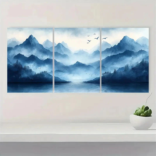 3pcs Blue Smoke Wave and Birds Abstract Landscape Metal Print Ready to Hang Art