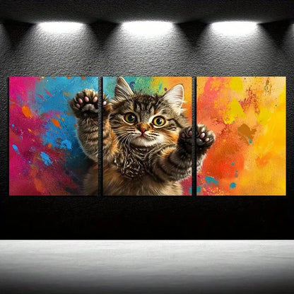 3pcs Vibrant Charming Cat & Hand Design Metal Print Ready to Hang Art