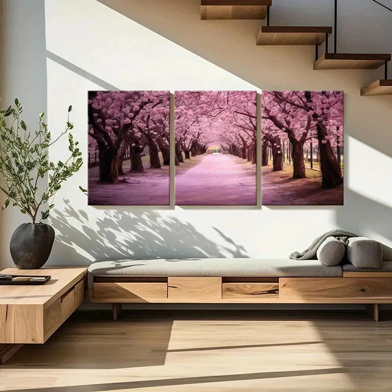 3pcs Cherry Blossoms Pink Pathway Nature Metal Print Ready to Hang Art