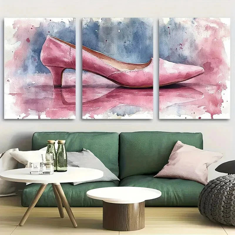 3pcs Vibrant Light Pink Fashion Ballet Flats Metal Print Ready to Hang Art