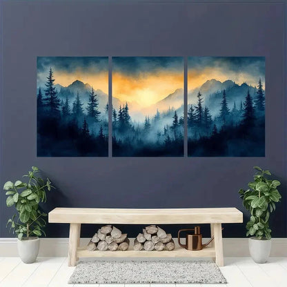 3pcs Vermont Landscape Foggy Forest with Golden Metal Print Ready to Hang Art