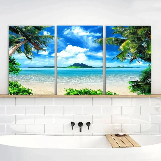 3pcs Painting Blue Sea Beach Art Seascape Metal Print Ready to Hang Art