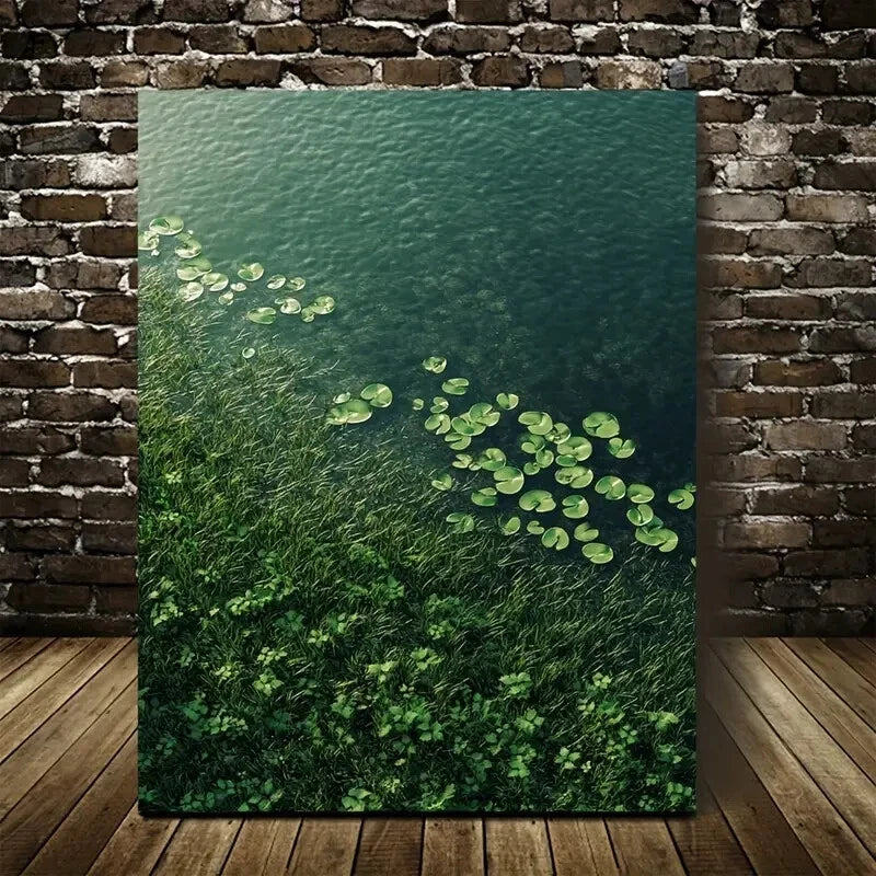 Emerald Water & Lush Green Grass Landscape Painting 40x60cm Metal Print Ready to Hang