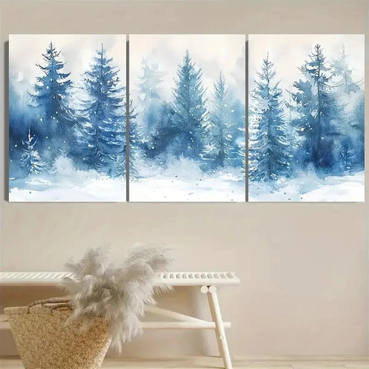 3pcs Snowy Pine Trees Holiday Illustration Metal Print Ready to Hang Art
