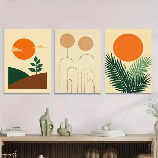 3pcs Modern Abstract Minimalist Sunset and Plant Metal Print Ready to Hang Art