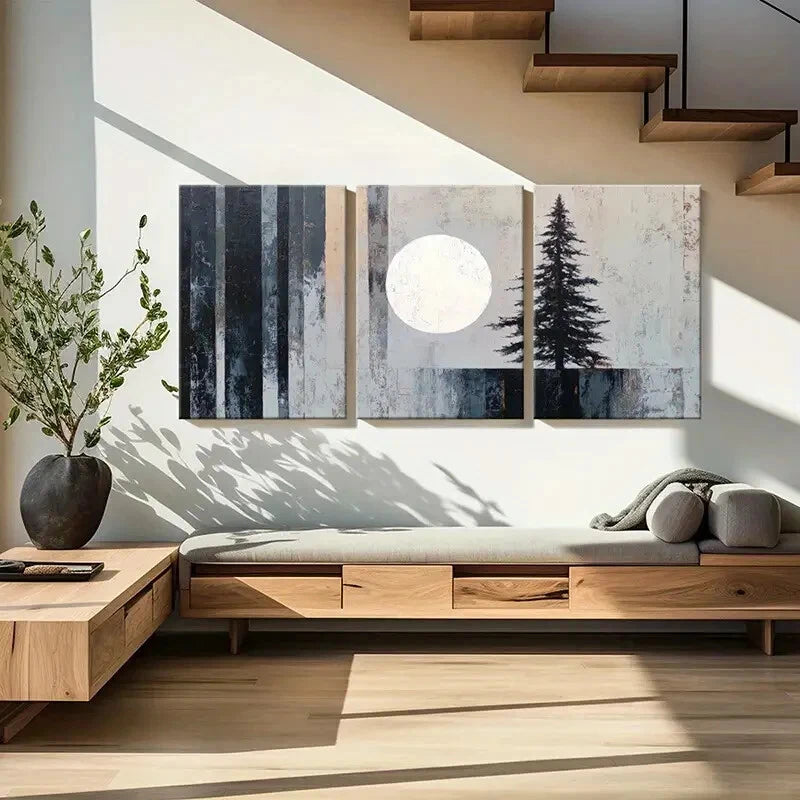 3pcs Abstract Moonlight Pine Tree Landscape Metal Print Ready to Hang Art