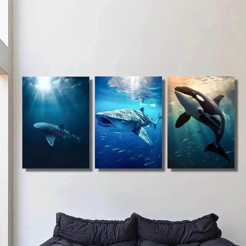 3pcs Whale art, blue marine life, protecting Metal Print Ready to Hang Art