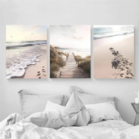 3pcs Beach Turtle & Coastal Path Prints Metal Print Ready to Hang Art