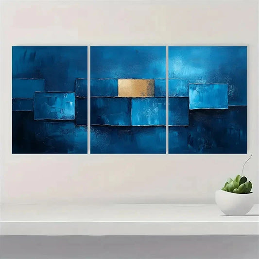3pcs Abstract Blue Oil Paintings Navy & Golden Metal Print Ready to Hang Art