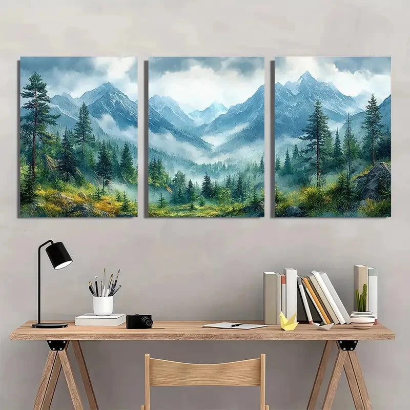 3pcs Misty Pine Trees & Snow-Capped Peaks Metal Print Ready to Hang Art