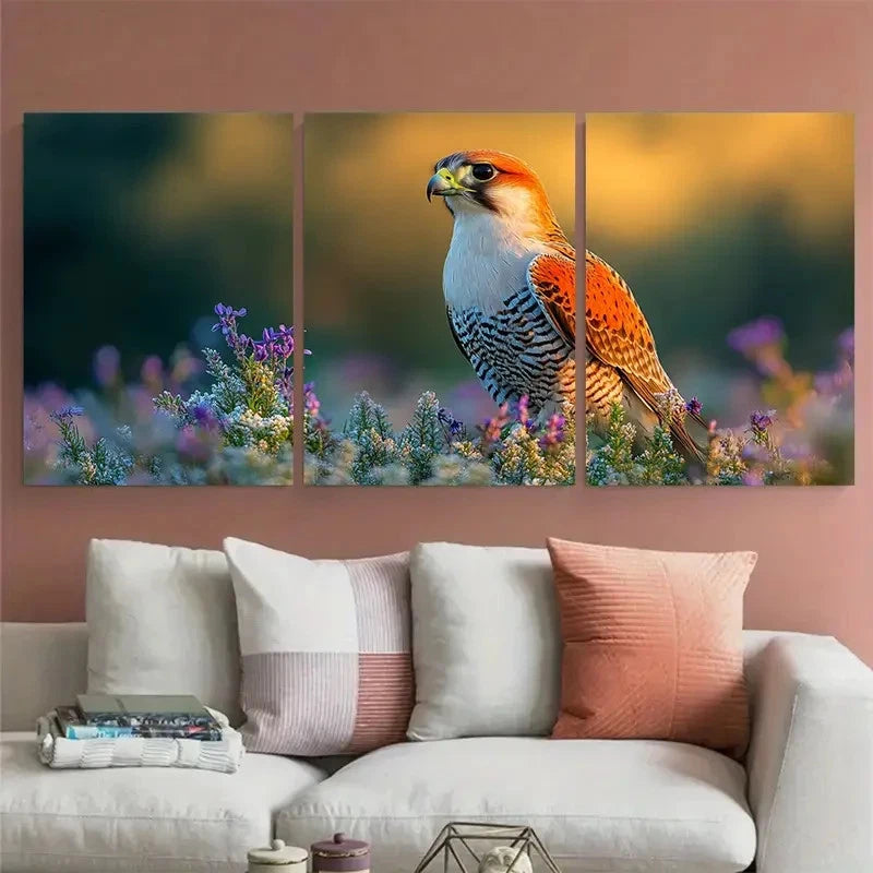 3pcs Red Footed Falcon in Grass Meadow with Floral Metal Print Ready to Hang Art