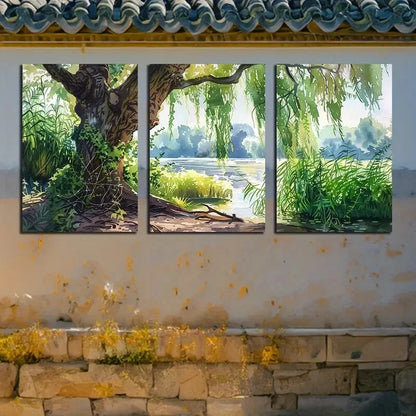 3pcs Nature Scenes with Willow Trees and lake View Metal Print Ready to Hang Art