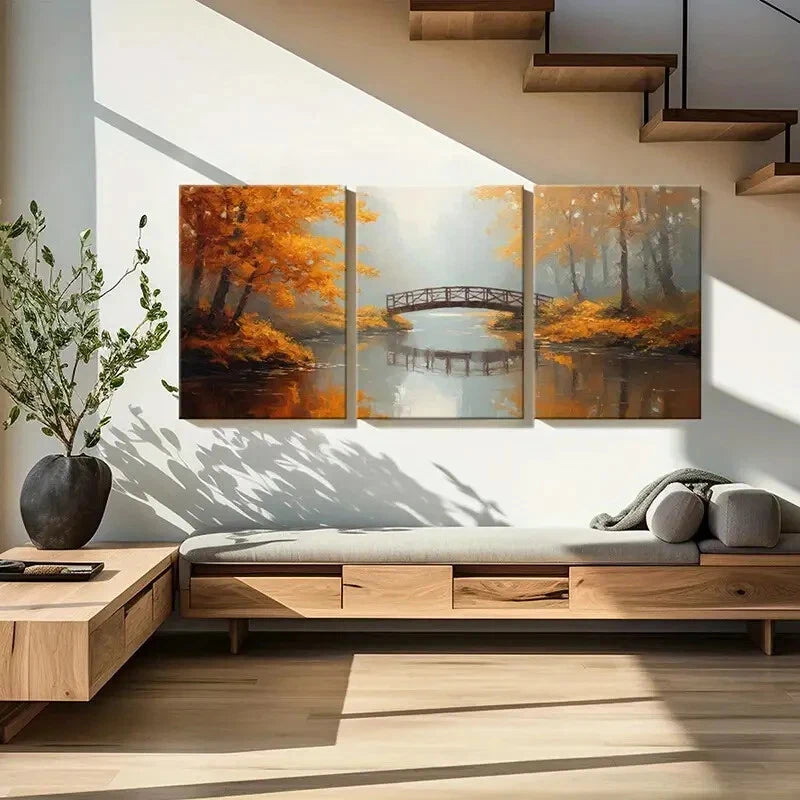 3pcs Serene River Autumn Forest Bridge Reflection Metal Print Ready to Hang Art