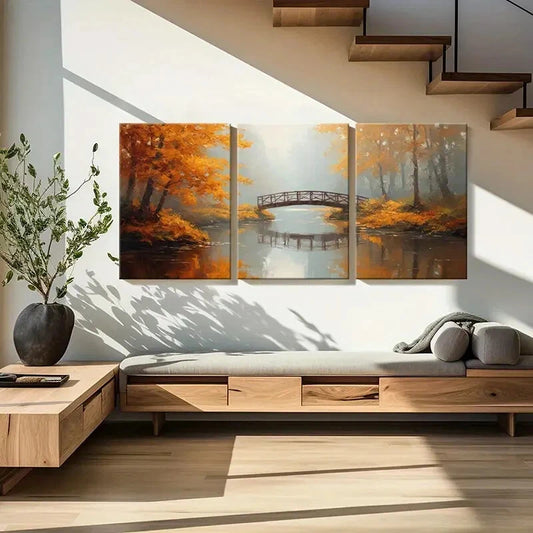 3pcs Serene River Autumn Forest Bridge Reflection Metal Print Ready to Hang Art
