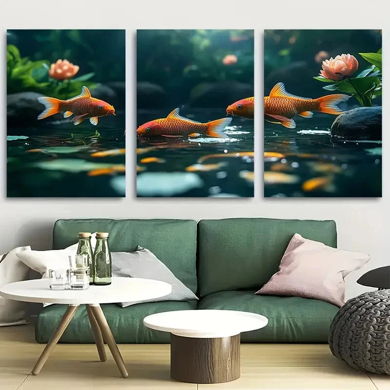 3pcs Koi Fish Swimming in a Pond Metal Print Ready to Hang Art