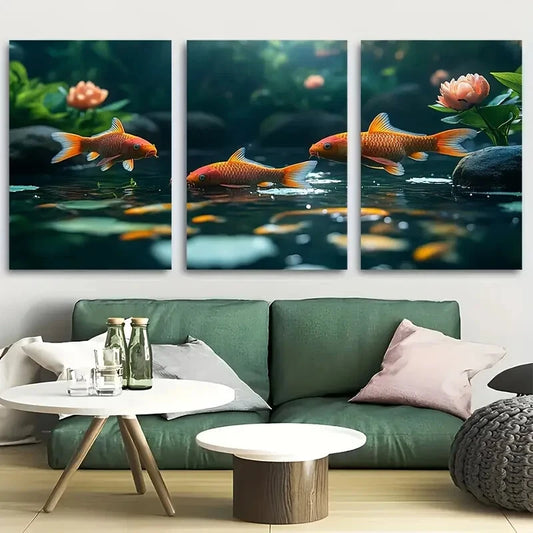 3pcs Koi Fish Swimming in a Pond Metal Print Ready to Hang Art