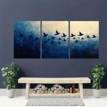 3pcs Minimalist Abstract Navy Blue Bird Flock Metal Print Ready to Hang Art