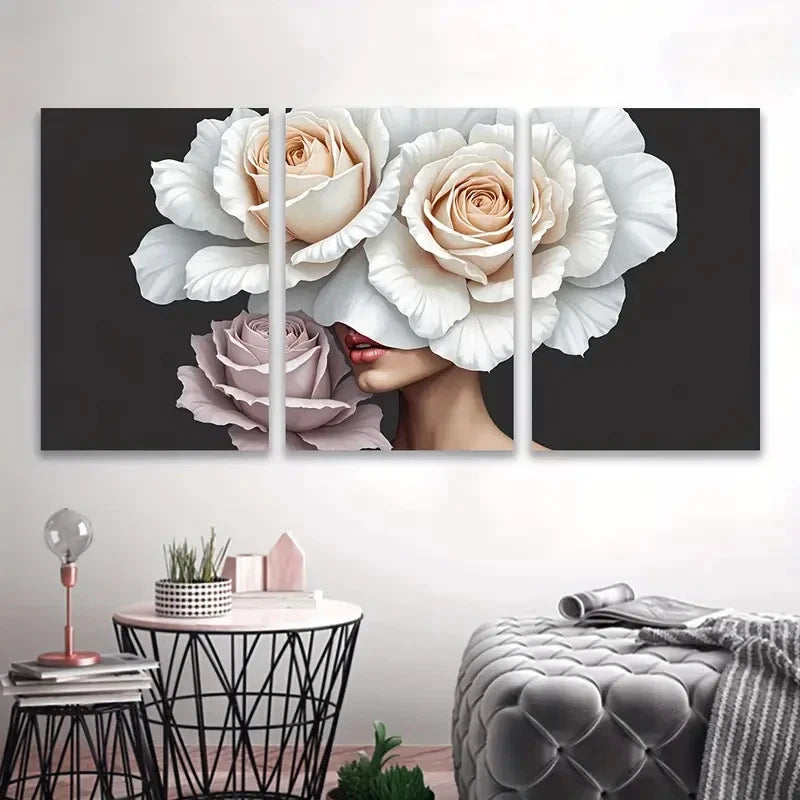 3pcs White Woman Floral Portrait Wall Art Set Canvas Framed 60x90cm - High Quality Print 100% Australian Made Wall Canvas Ready to Hang
