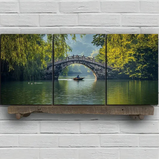 3pcs The Boatman Under The Arch Bridge Metal Print Ready to Hang Art