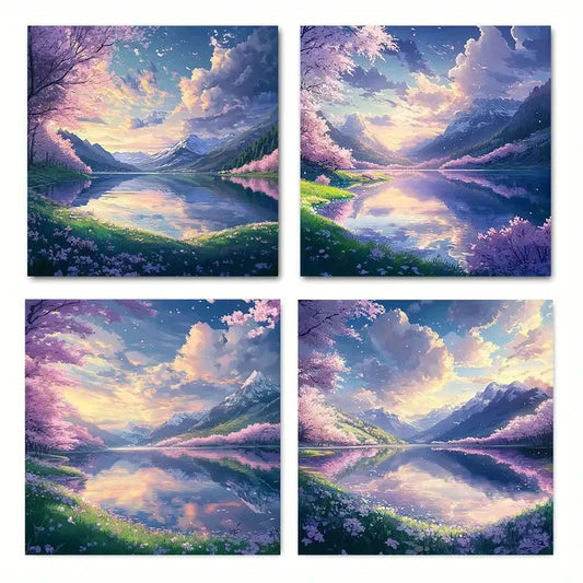 4pcs mountain Sakura LakeWall Art Canvas Framed