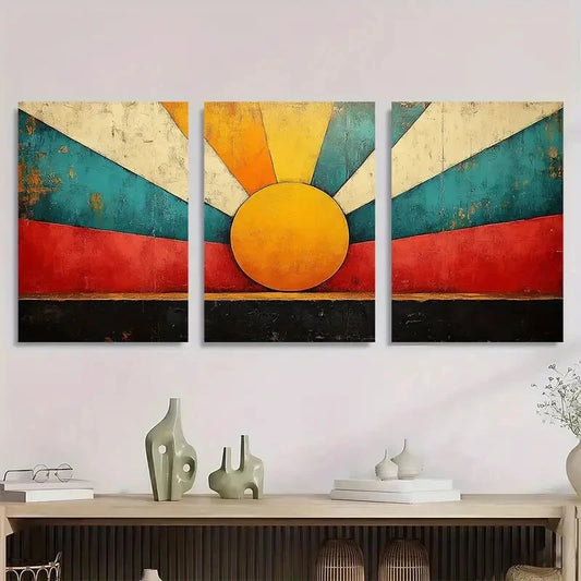 3pcs Sunburs Vibrant Abstract Red & Black Metal Print Ready to Hang Art