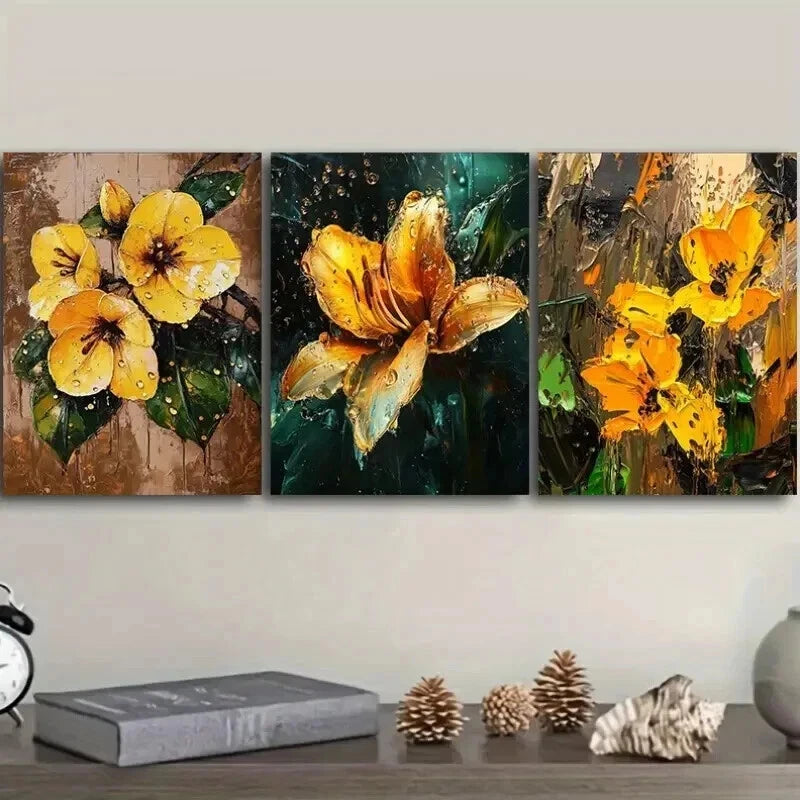 3pcs Yellow Lilies in the Rain Decoration Wall Art Set Canvas Framed 40x60cm - High Quality Print 100% Australian Made Wall Canvas Ready to Hang