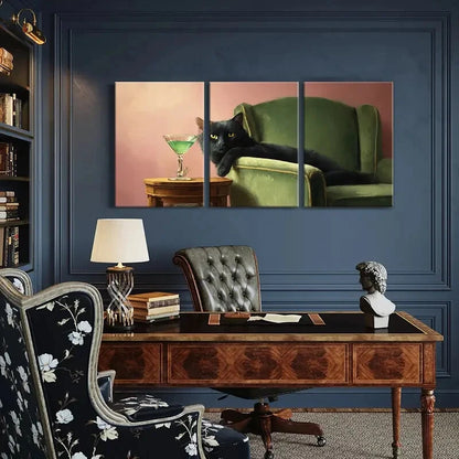 3pcs Black Cat Green Cocktail & Vintage Sofa Metal Print Ready to Hang Art