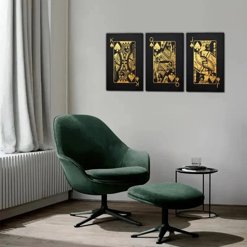 3pcs Elegant Black & Golden Playing Card Art Metal Print Ready to Hang Art