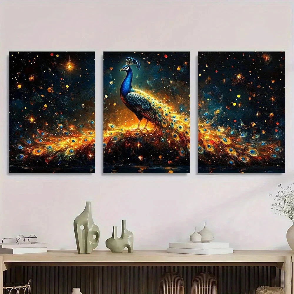 3pcs Vibrant Peacock with a Rainbow Metal Print Ready to Hang Art
