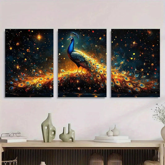 3pcs Vibrant Peacock with a Rainbow Metal Print Ready to Hang Art