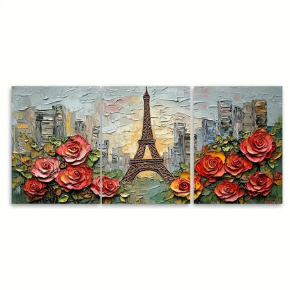 3pcs Paris Oil Painting Eiffel Tower Impasto Metal Print Ready to Hang Art