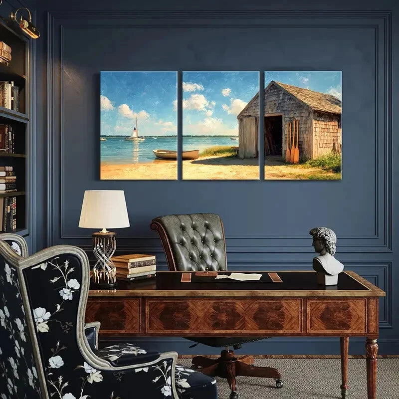 3pcs Nautical Theme Sailboat & Rowboat Scene Metal Print Ready to Hang Art