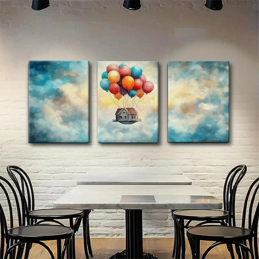 3pcs Floating House with Colorful Balloons Metal Print Ready to Hang Art