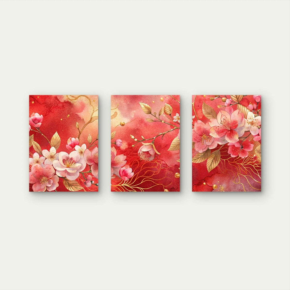 3pcs Golden Vines Among Soft Pink Blooms Wall Art Set Canvas Framed 50x70cm - High Quality Print 100% Australian Made Wall Canvas Ready to Hang