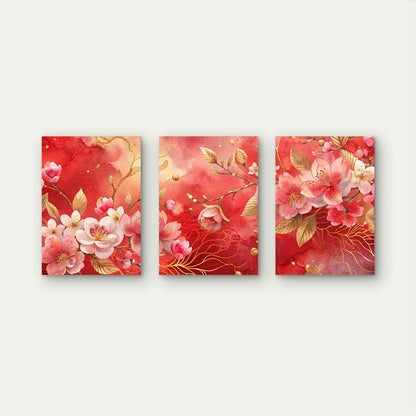 3pcs Golden Vines Among Soft Pink Blooms Wall Art Set Canvas Framed 50x70cm - High Quality Print 100% Australian Made Wall Canvas Ready to Hang